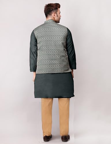 Image of Men's Cotton Silk Blend Regular Kurta Pyjama, Embroidered Nehru Jacket /Waistcoat Set