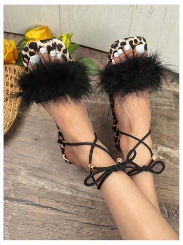 GORGLITTER Women's Leopard Cheetah Print Flat Sandals Lace Up Strappy Fuzzy Dressy Slides Shoes3