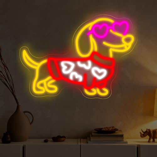 Image of Heart Dog Neon Sign Stylish Dachshund LED Light for Pet Lovers | Pet Room Decor Gift for Dog Mom USB Powered Dimmable Home Wall Room Decoration 16.5 inchx11.8 inch