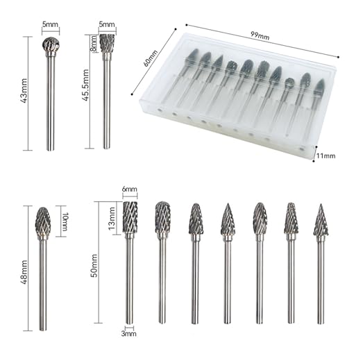 EUZUXU 10 Stück Hartmetall Frässtifte Set, Hartmetall Frässtifte mit Doppelschnitt, mit 3 mm Schaft, 6 mm Schleifkopf, für Schleifen, Schnitzen, Metallpolieren, Gravieren und Bohren