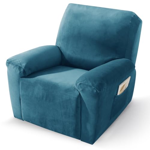 Image of ZNSAYOTX Velvet Oversized Recliner Cover 3-Piece, Luxury Plush Recliner Chair Covers with Elastic Band & Tie Straps Stay in Place, Stretch Reclining Slipcover for Lazy Boy Soft Washable (Peacock Blue)
