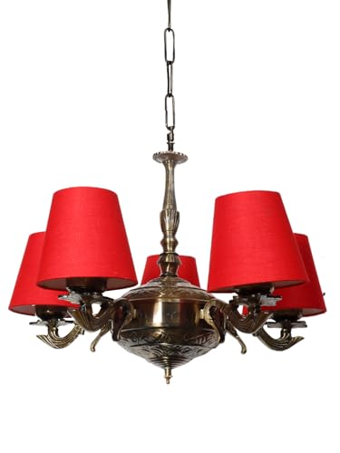 Image of Devansh 05 Lights Red conical Cotton Shade with Antique Golden Chandelier