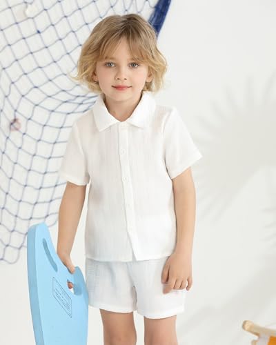 Image of Toddler Boy Clothes Little Kids Summer Outfits Short Sleeve Button Down Shirt Top Shorts Set 2 PCS Boy's Clothing