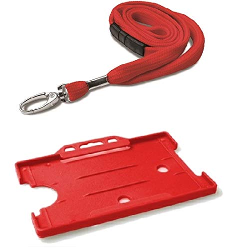 Identity-Plus: Red Neck Lanyard (Recycled Material, Metal Lobster Clip, Safety Breakaway) with Red Single Sided Landscape ID Card Holder (100)