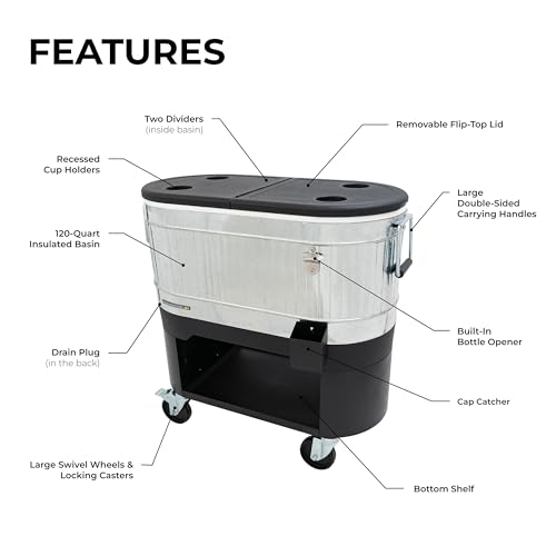 Permasteel Rolling Patio Cooler – Large Outdoor Ice Chest with Wheels, Beverage Cooler for Backyard, BBQ, Tailgate, Beach, Parties, Rustic Farmhouse Design