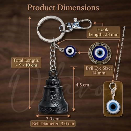 Image of OTTAVO Premium Guardian Bell Keychain for Bike & Car | Tibetan Texture Bell Keychain with Evil Eye & Silver Hook | Good Luck Charm with Laser-Engraved Wooden Gift Box