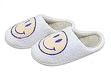 Retro smiley face soft plush comfy warm slip-on slippers (Fade-White, Medium, numeric_7_point_5)