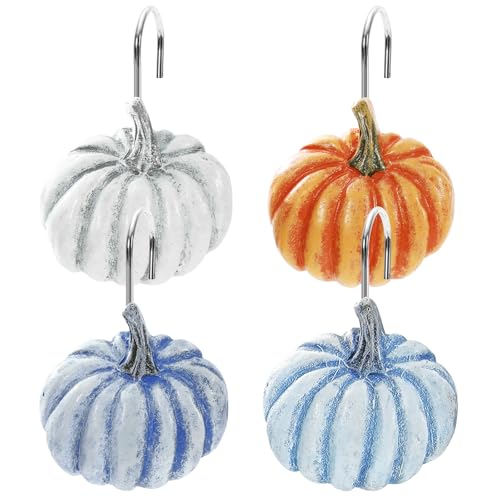 JarThenaAMCS 12 Pcs Fall Pumpkin Shower Curtain Hooks Retro Blue-Orange Pumpkin Shower Rod Rings Decorative Curtain Hanger Hooks for Autumn Thanksgiving Bathroom Decor