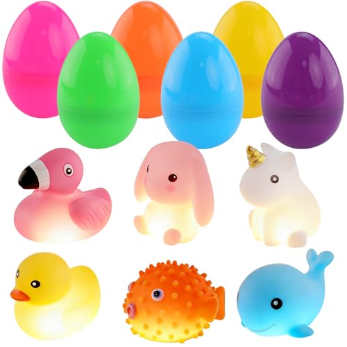 Lot de 6 œufs de Pâques pré-remplis avec jouets de bain lumineux pour bébé, animaux de bain flottants, lumière LED activée par l'eau pour la chasse aux...