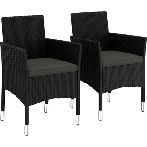 Yaheetech Rattan Garden Chairs Set of 2 Outdoor Garden Armchairs with Cushions Armrests High Backrest Handwoven Rattan for Patio Garden Balcony Black/Gray