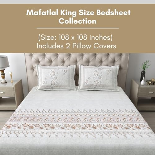 Image of Mafatlal 186 TC Spring Glory King Size Bedsheet Cotton | 274 x 274 cm | Summer-Ready Bedding Fabric for Relaxing Sleep | Pure Cotton Set with 2 Pillow Covers | Chalk White
