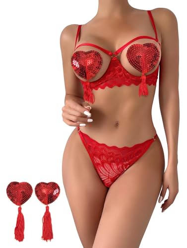 Image of Lilosy Women's Sexy Underwire Floral Lace Sheer Lingerie Set See Through Bra and Panty 4 Pieces Pasties Red Medium