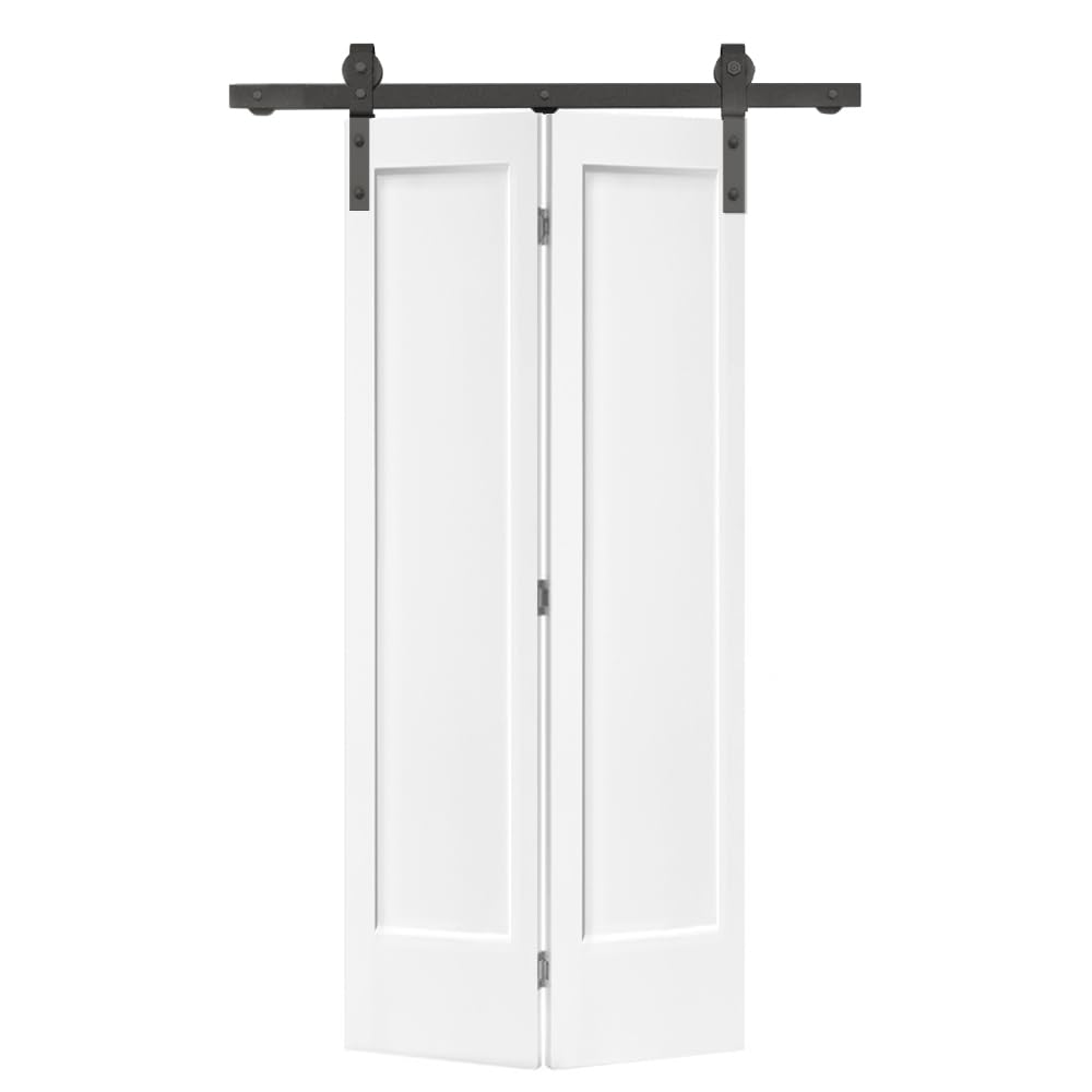 36 in. x 80 in. 1 Panel Shaker Primed MDF Composite Bi-Fold Barn Door with Sliding Hardware Kit