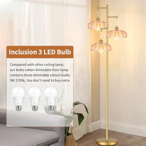 Image of Vintage Floor Lamps for Living Room Bedroom-3 Light Glass Floor Lamp with Three Led Bulb, Flower Tall Floor Lamp Gold Mid Century Modern Standing Lamp Tree Floor Lamps for Living Room Bedroom Corner