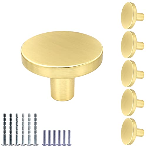 Iafvkai Cabinet Knobs Brushed Brass Kitchen Cabinet Knobs Zinc Alloy Gold Dresser Knobs For Cabinet And Drawer Hardware Round Cupboard Knob, 6 Pack #TOP5