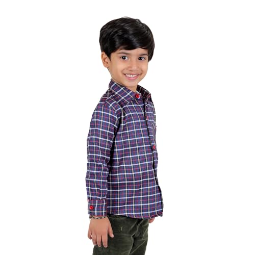 Image of superminis Boy's Cotton Fleece Full Sleeves Check Slim Fit Shirt With Collared Neck Winter Wear
