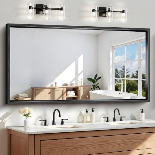 Image of Black Rectangle Mirror, 66 x 36 Inch Large Bathroom Mirrors | 0.6 inch Thickened Deep Frame Rectangular Wall Mirror, Brushed, Tempered Glass, Antirust, Horizontally /Vertically