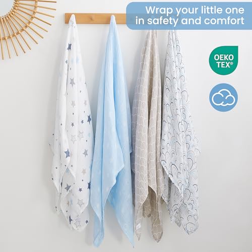 Image of Softan Muslin Swaddle Blankets for Baby Girl & Boy, 47X47In Receiving Blankets for Newborn, Swaddle Blanket Set Soft Silky & Breathable,Blue Rainbow and Five-Pointed Star, 4 Pack