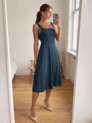 Image of ODODOS Square Neck Midi Dress with Pockets for Women Summer Casual Sleeveless Sundress Flare Tank Dress