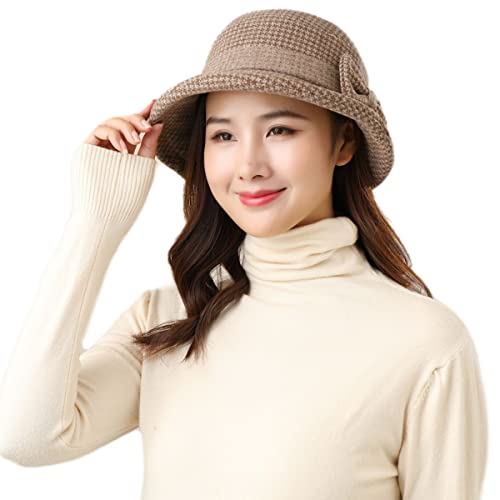 Damen Winter Wollfilz Mütze Vintage Cloche Hüte Derby Kleid Hüte Klassisch Fedora Hut Bowler Kirche Hüte Fischerhut Herbst Eleganter Breite Krempe Schlapphut mit Schöner...