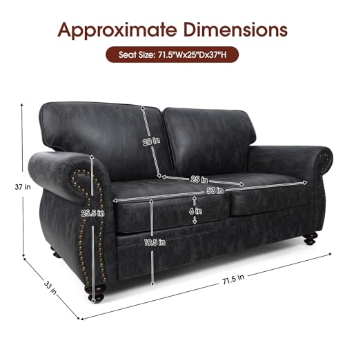 Image of Couchus 71 inch W Loveseat Sofa Couch, Mid-Century Vintage Faux Leather Love Seat with Nailhead Trim, Upholstered Couch for Living Room (Grey, Loveseat)