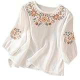 Generisch Blusa suave de muselina para mujer, estilo bohemio, de verano, cuello redondo, camiseta con bordado de flores y manga 3/4, elegante camisa de lino, cómoda blusa de playa, camisa de