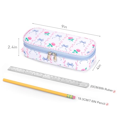 Image of mibasies Girls Pencil Case for Kids, Multi-Slot Pencil Pouch, Bowknot Rose Sky Blue