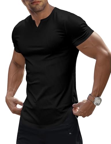 JMIERR Men's Muscle V-Neck T Shirt Short Sleeve Longline Ribbed Henley Shirt Gym Workout Athletic Tee Shirts