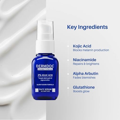 Image of DERMDOC 2% Kojic Acid Face Serum, 20ml | Dark Spots & Pigmentation Control | Brightening, Even-Tone Formula with Niacinamide + Alpha Arbutin + Glutathione | Spot Corrector Serum for Acne Marks, Tanning & Uneven Skin Tone