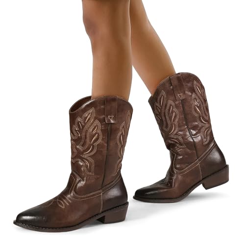 Image of mysoft Cowboy Boots For Women - Western Cowgirl Boots Mid Calf Chunky Heel Booties Pointed Toe Country Shoes