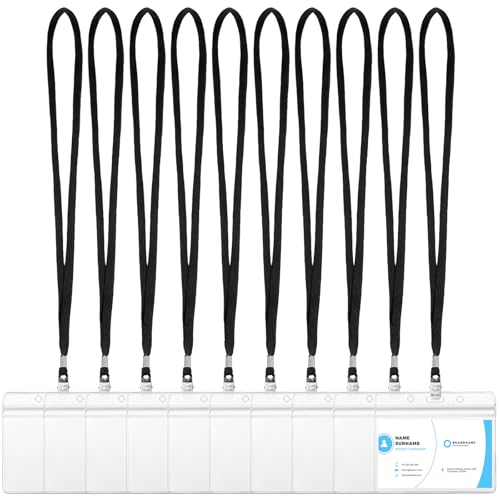 Image of Marspark 10 Sets 4 inchx3 inch Name Badge Holder with Lanyard Bulk, Black | Waterproof Reusable Plastic with Clip, ID Badges Business School Conference Use, Lanyard Strap for Employees Students Events