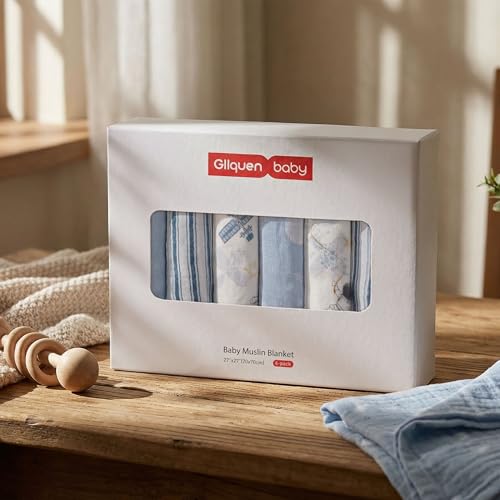 Image of GLLQUEN BABY Receiving Blanket Boy Cotton Muslin Swaddle Blankets Girl Newborn Squares Breathable & Soft Thin Baby Blankets Cloths Double Absorbent Infant Swaddling Wrap - 6 Pack (Blue Astronaut)