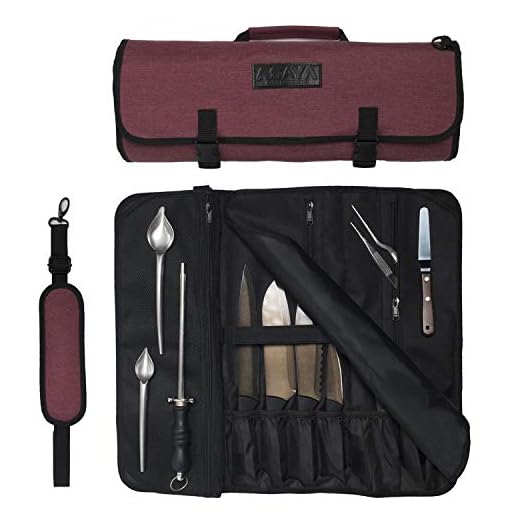 Asaya Chef Knife Roll Bag - 20 Total Pockets for Knives and Kitchen Utensils - Made with Stain Resistant Waxed Nylon - For Chefs and Culinary Students - Knives Not Included(Red)