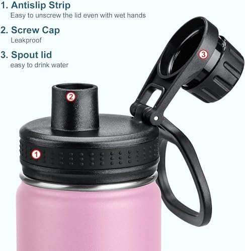 koodee 16 oz Water Bottle-Stainless Steel Double Wall Vacuum Insulated Wide Mouth Water Bottle with Leakproof Spout Lid (Pink)
