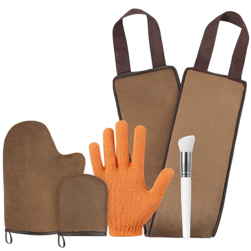 Luxspire Self Tanning Mitt Applicator Kit, 5 in 1 Soft Tanner Mitt Set with Exfoliating Glove, Back Lotion Applicator, Face Makeup Brush, Mini Finger Face Self Tanner Mitt for Lotions, Mousses, Creams