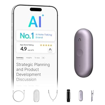 Gravador de voz com IA, gravador de voz PLAUD NotePin, controle de aplicativo, anotador com IA, transcrição e resumo com IA, suporte para 112 idiomas, memória de 64 GB, gravador de áudio, roxo