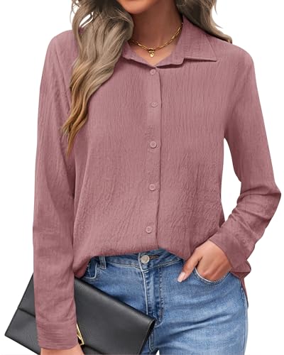 AUSELILY Womens Button Down Shirts Long Sleeve Collared V Neck Button Up Tops Casual Work Business Tunics Blouses Rust Red 2XL