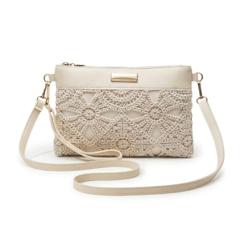Bolsa tiracolo feminina de crochê, boho, macramê, bolsa de ombro, vazada, verão, praia, com alça ajustável com zíper, Off-white, Tendência