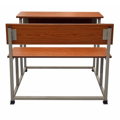 Image of ALKOSIGN Dual Student Bench with Shelf - Prelam Particle Board Natural Teak Top with Beige Powder Coating 100 CM | for Classes 7th to Collage | for School Classroom, Tuitions etc