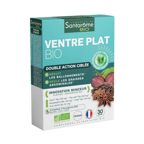 Santarome Bio - Ventre Plat I Complément Alimentaire Minceur Perte de Poids I Action Ciblée Rondeurs Abdominales - A base de plantes Bio - Carvi, Thé vert I 30 comprimés I Végan I Made In France