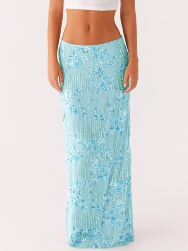 Women Y2k Sequin Long Skirt Sparkly Beaded Floral Maxi Skirt Rhinestone Glitter Midi Skirts Streetwear4