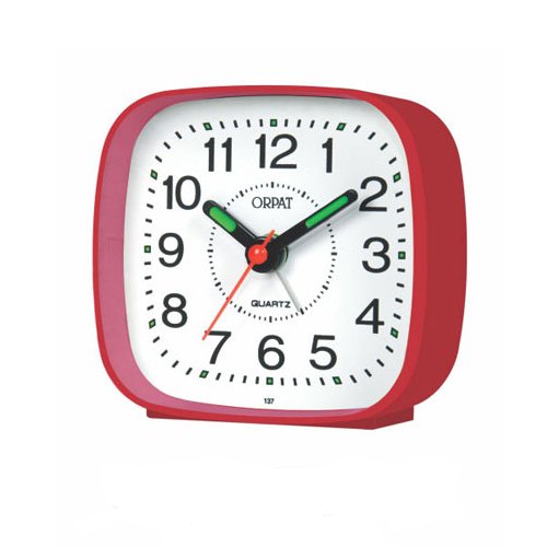 Angled view of the Orpat TBB-137 Analog Alarm Clock, highlighting its compact, square design.