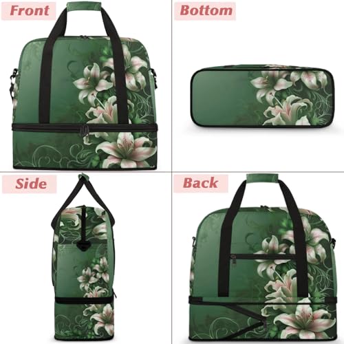 Large Weekender Overnight Bags Green Floral Flower Travel Duffel Bag for Women Men Gym Bag With Shoe Compartment Foldie Travel Tote Bag Carry On Personal Item Bag for Travel Gym Sports3