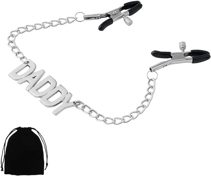 Master Series Enslaved Chain Adjustable Nipple Clamps Heavy Duty with Rubber Coated Tips for Men Women and Couples, Bondage Restraint and Sex Accessories, Non Piercing Nipple Clamps Kit,Metal