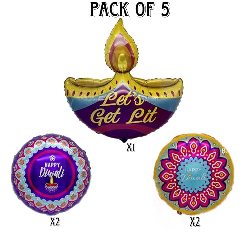 Image of AMFIN Happy Diwali Diya Shape 'Let's get lit' Foil Balloon, Multi - Pack of 5