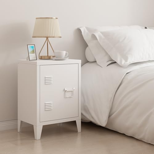 [En.casa] Table de Chevet Industriel avec Étagère et Aération - Armoire Métallique Acier Laqué Blanc 57 x 40 x 30 cm