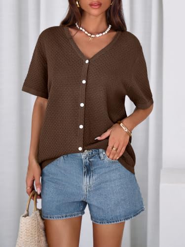 Image of NALANISA Women's Short Sleeve Sweater Spring Summer Crochet Knit Tops 2026 V Neck Striped Button Down Dressy Casual Blouses