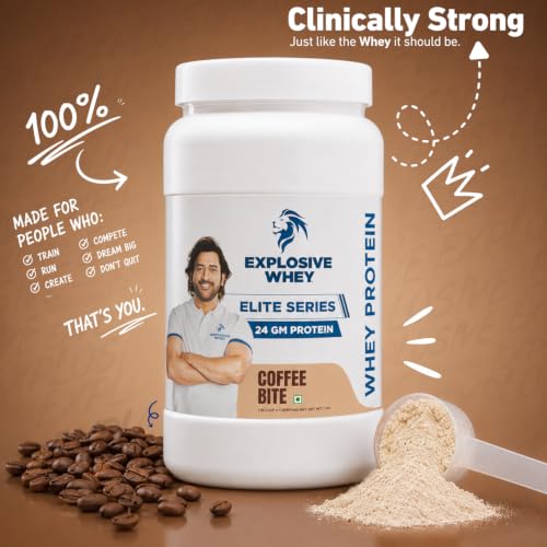 Image of Explosive Whey Elite Series Whey Protein - Trusted by M.S. Dhoni | 24g Protein per Scoop | Premium Concentrate Sport Supplement for Enhanced Muscle Growth and Recovery | Coffee Bite - 1kg (30 Servings), Trustified Certified