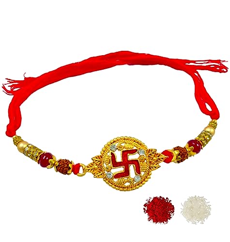 Image of Swastik Om Bracelet Luma Rakhi Combo Set with Roli Chawal Packet witghGift For Men || rakhi combo || bhaiya bhabhi rakhi