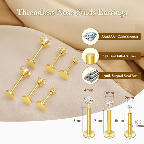 14K Gold Filled Threadless Nose Studs 316L Surgical Steel Labret Studs Lip Rings Push in Flat Back Stud Earrings CZ Nose Nostril Cartilage Lip Medusa Conch Tragus Helix Body Piercing Jewelry for Women Men Hypoallergenic 20G 18G 16G2